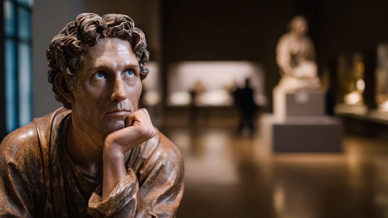 Scultura contemplativa: una figura pensosa in un'ambientazione museale che mette in mostra dettagli artistici ed emozioni espressive su uno sfondo di arte antica.