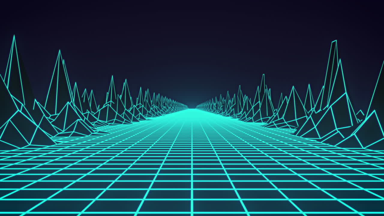 Animation of glowing green grid and map with mountains moving on seamless loop