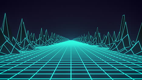 animation of glowing green grid and map with mountains moving on seamless loop