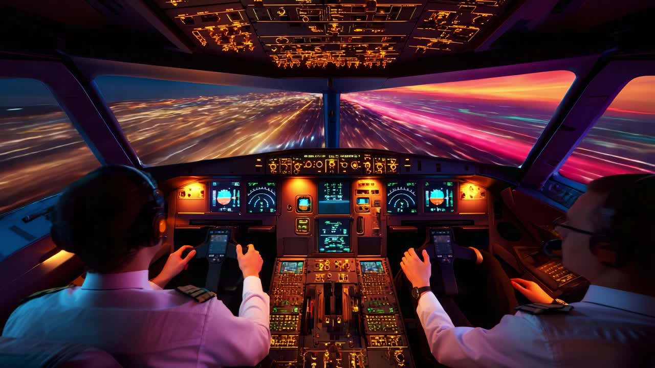 Captivating cockpit view from an aircraft showcasing pilots as they navigate through vibrant twilight skies, illuminated city lights below, emphasizing the thrill of aviation and flight dynamics