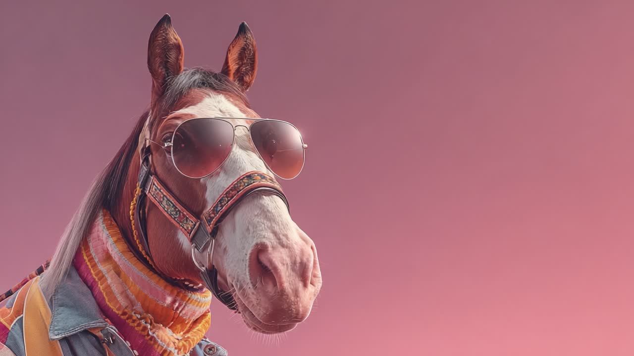 Um Cavalo Estiloso de Óculos de Sol: Retrato Cativante Apresentando um Cavalo Moderno com um Cachecol Colorido e Óculos Chiques Contra um Fundo Sonhador