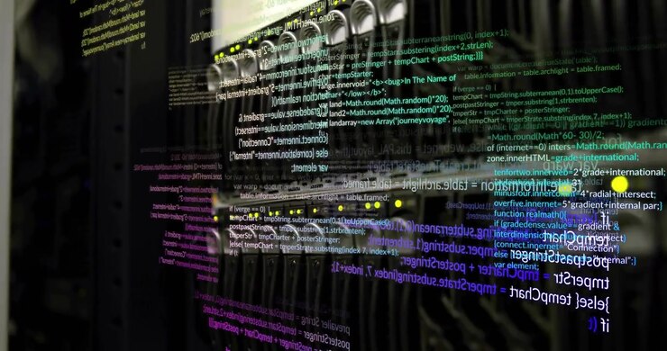 Svage kodeliner driver fra venstre kant, mens rackmonteret lager forbliver stationært, hvilket visualiserer dataflow.
