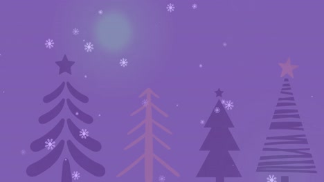 Animation-of-snow-falling-over-fir-trees-on-dark-background