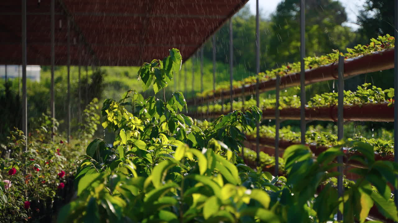 plantas siendo regadas en un invernadero