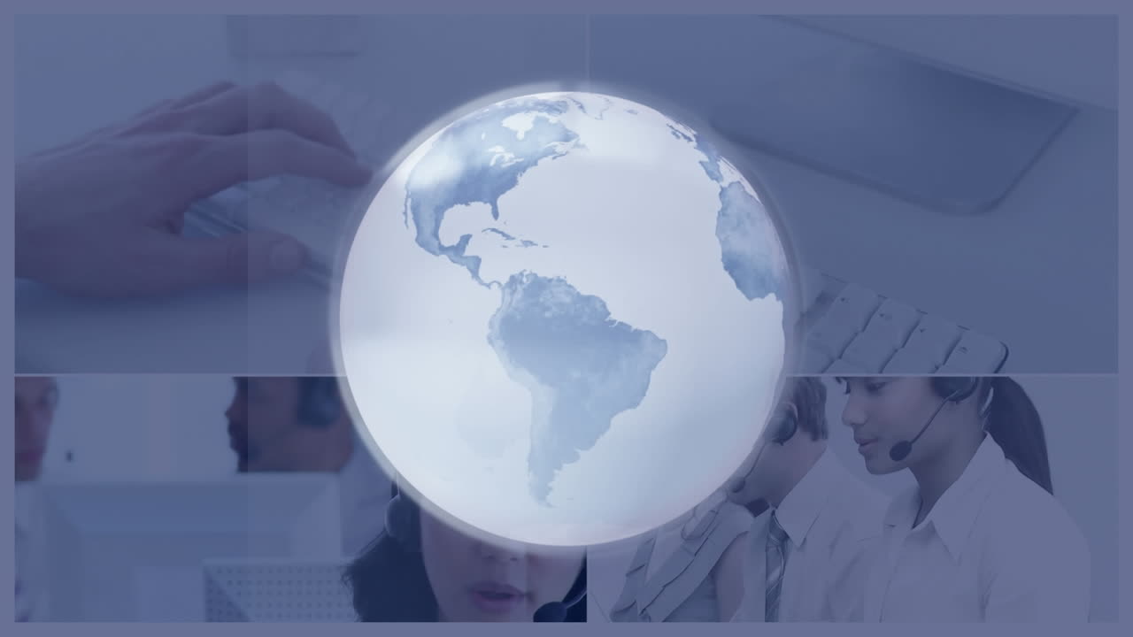 Animación de globo sobre personas de negocios usando auriculares telefónicos