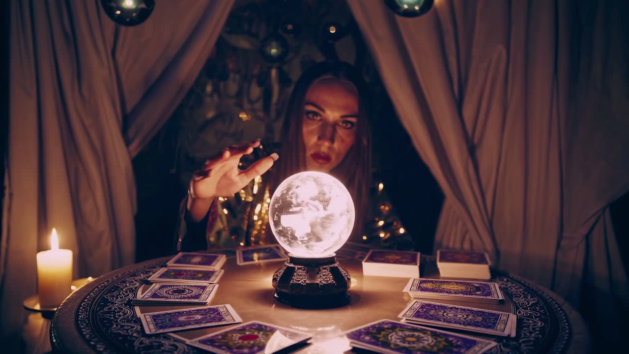 Mystical video scene with a medium at a round table, tarot cards, and crystal ball