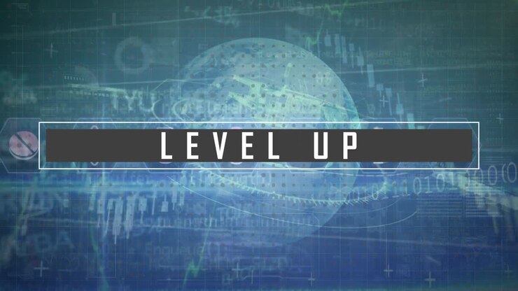 Animation of level up text with data processing and globe on green background