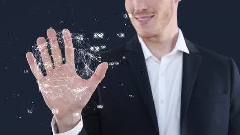 animation of a caucasian man using a 3d interactive screen, globe with a web of connections linking