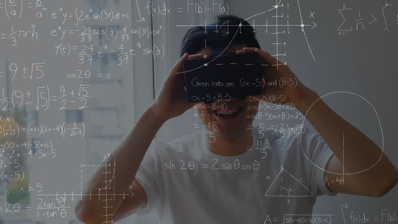 Animation of mathematical drawings and equations over man wearing vr headset