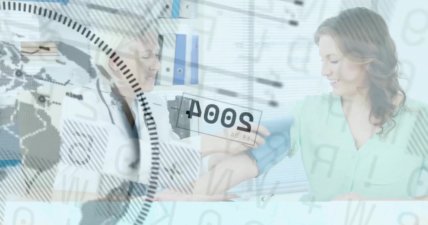 Overlaying map graphics appearing and doctor measuring blood pressure for health analysis