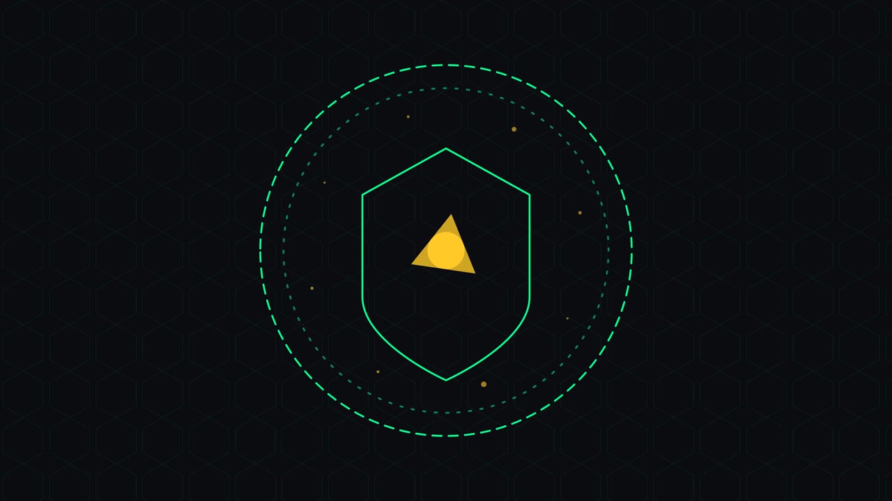 Animated Shield Icon with Rotating Triangle on Dark Hexagon Background