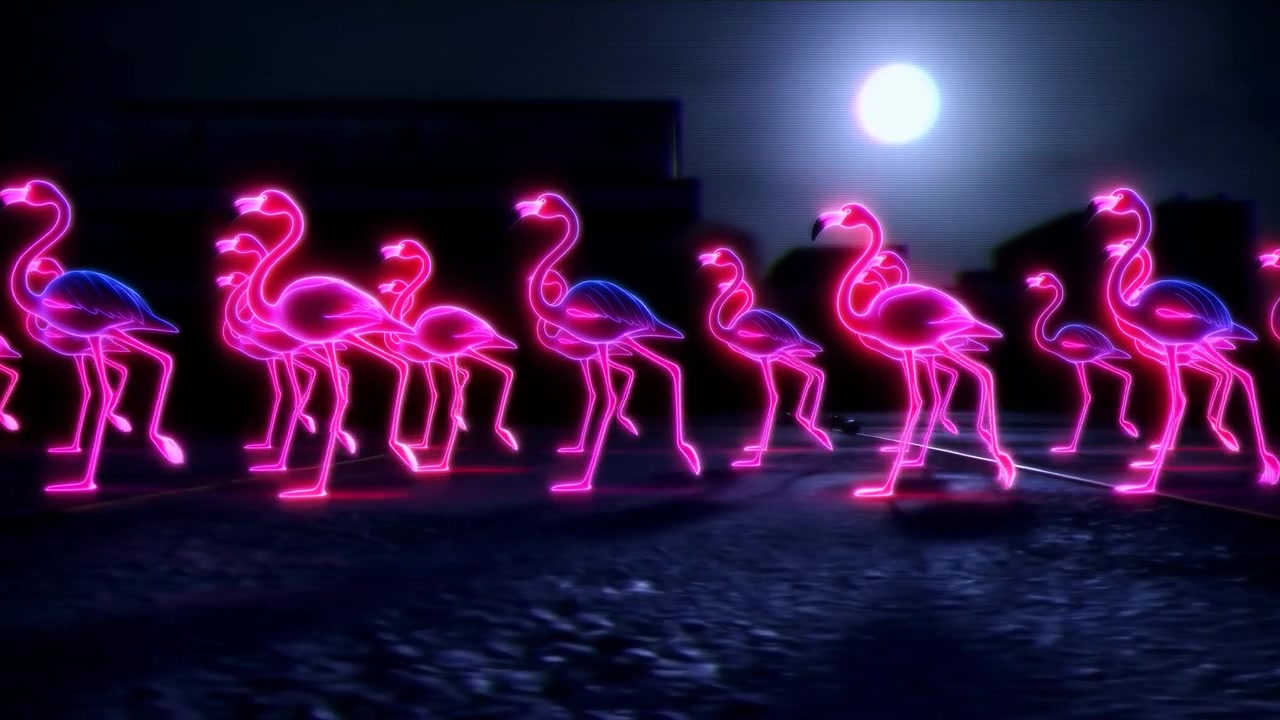Neon Flamingo Parade Under Moonlight, Glowing Pink Silhouettes March Along Wet Street At Midnight, Reflective