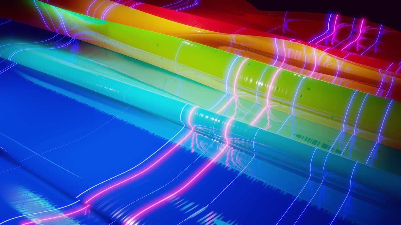 superficie 3d abstracta con hermosas olas, chispas luminosas y gradiente de colores brillantes, colores de arco iris y líneas de brillo. las olas corren en una superficie muy brillante y brillante con brillo brillante. animación en bucle 4k