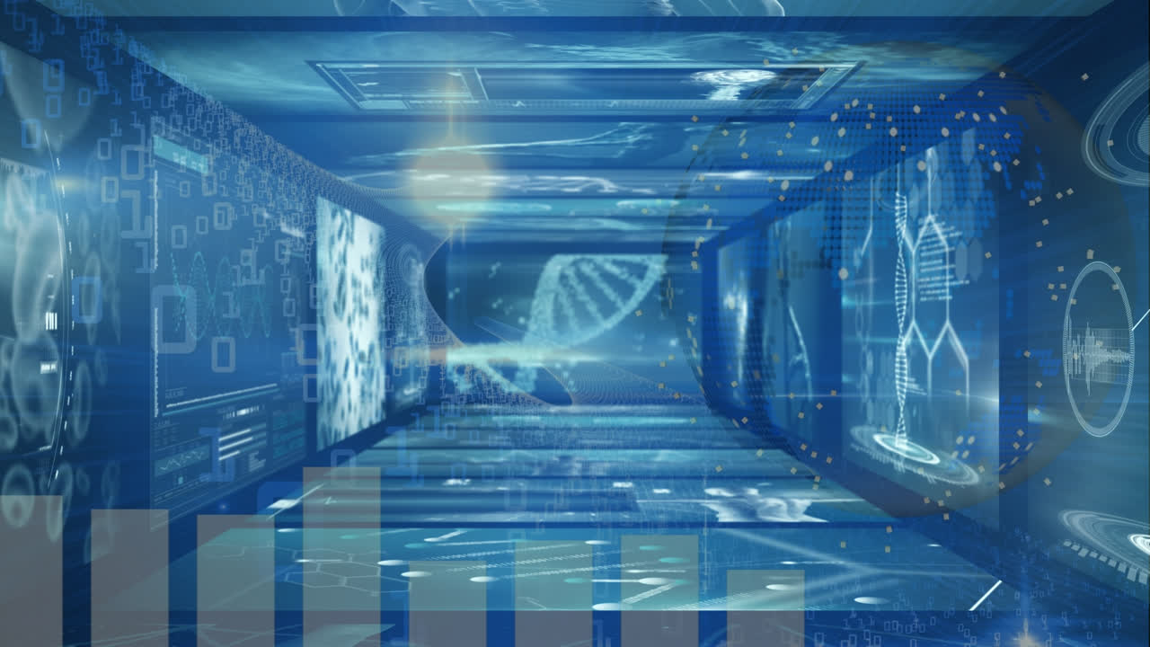 데이터 처리의 애니메이션과 파란색 배경 위의 지구