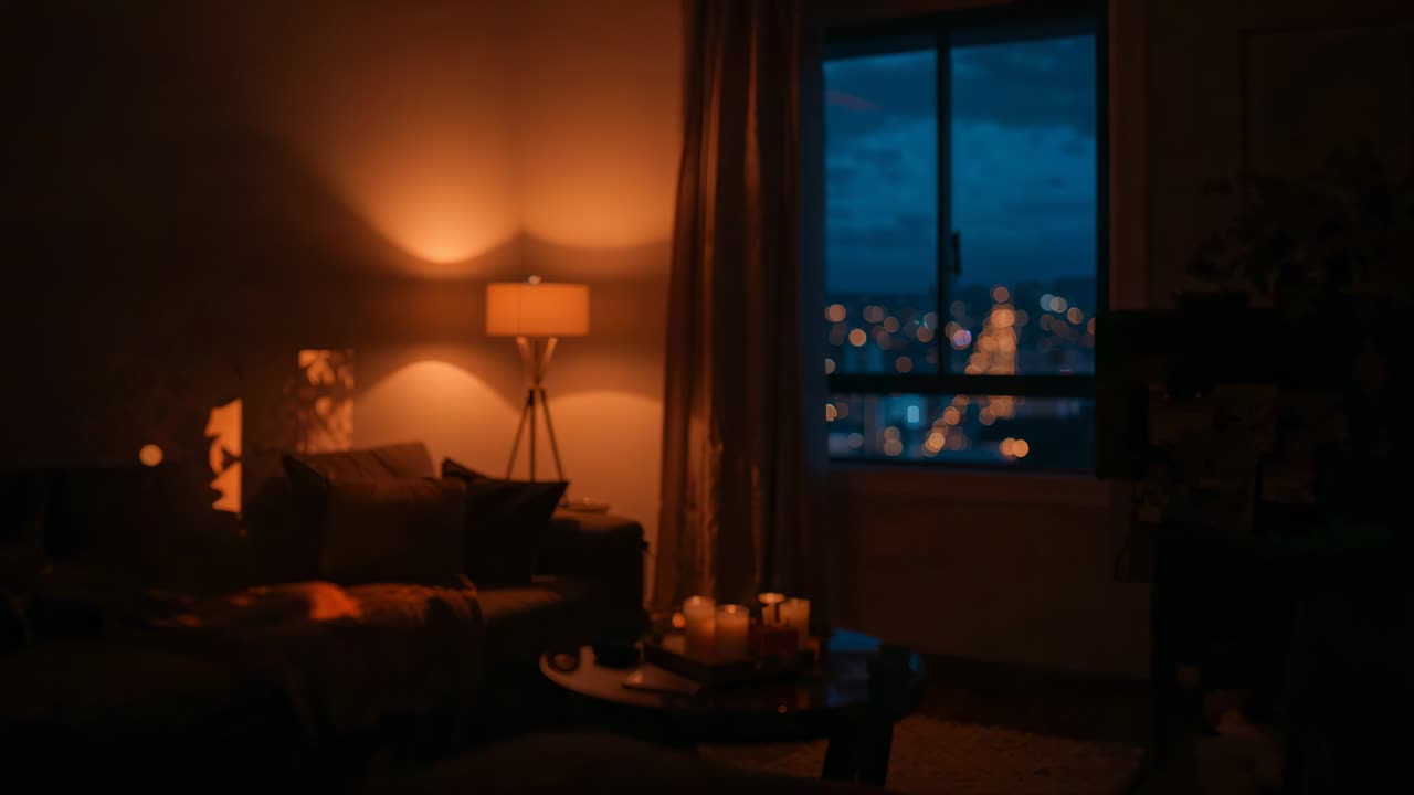Panorering med kameraet, der bringer penselglasset i fokus på bordet i skumringen i studiet, lampe, stearinlys, copy space