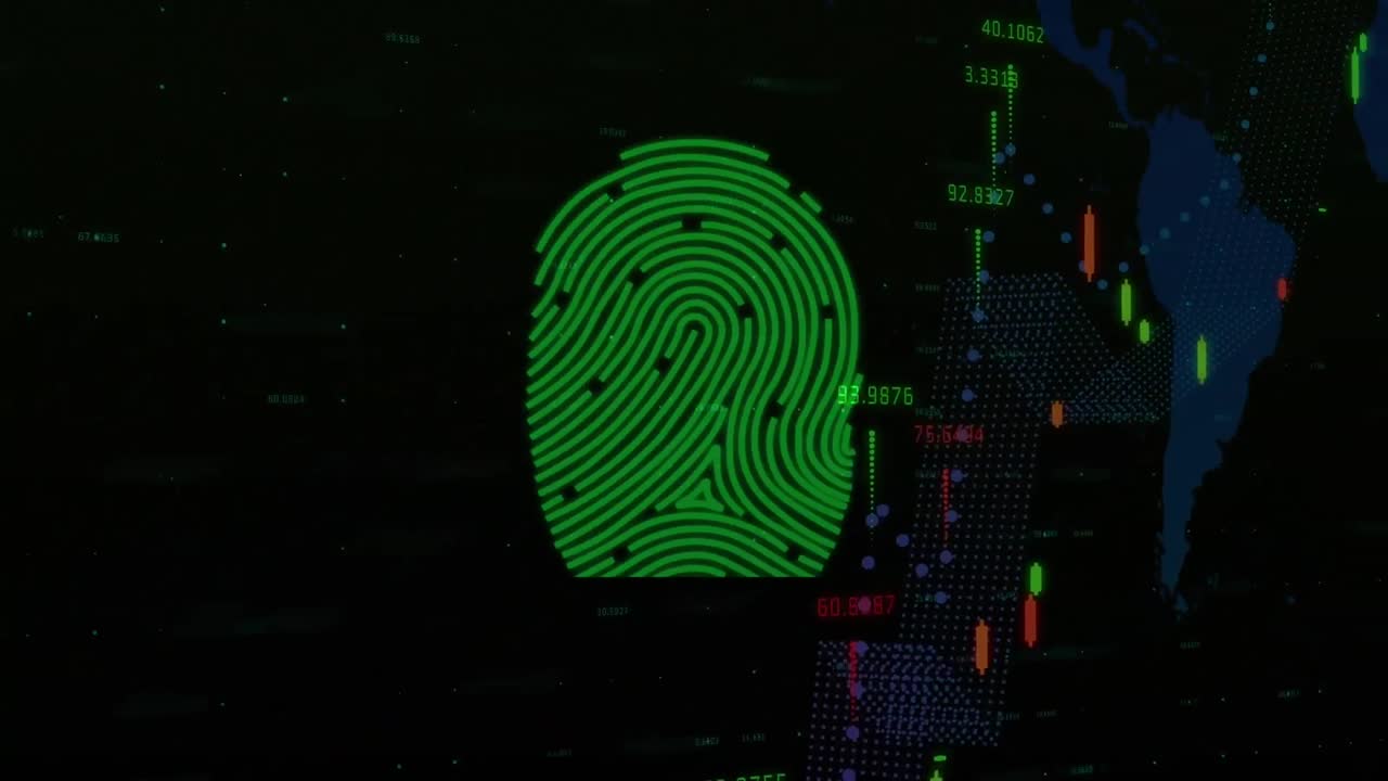 animación de huellas dactilares y diversos gráficos en fondo naval