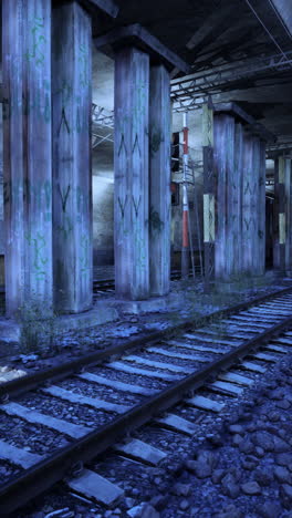 underneath a gloomy underpass: a view of abandoned train tracks