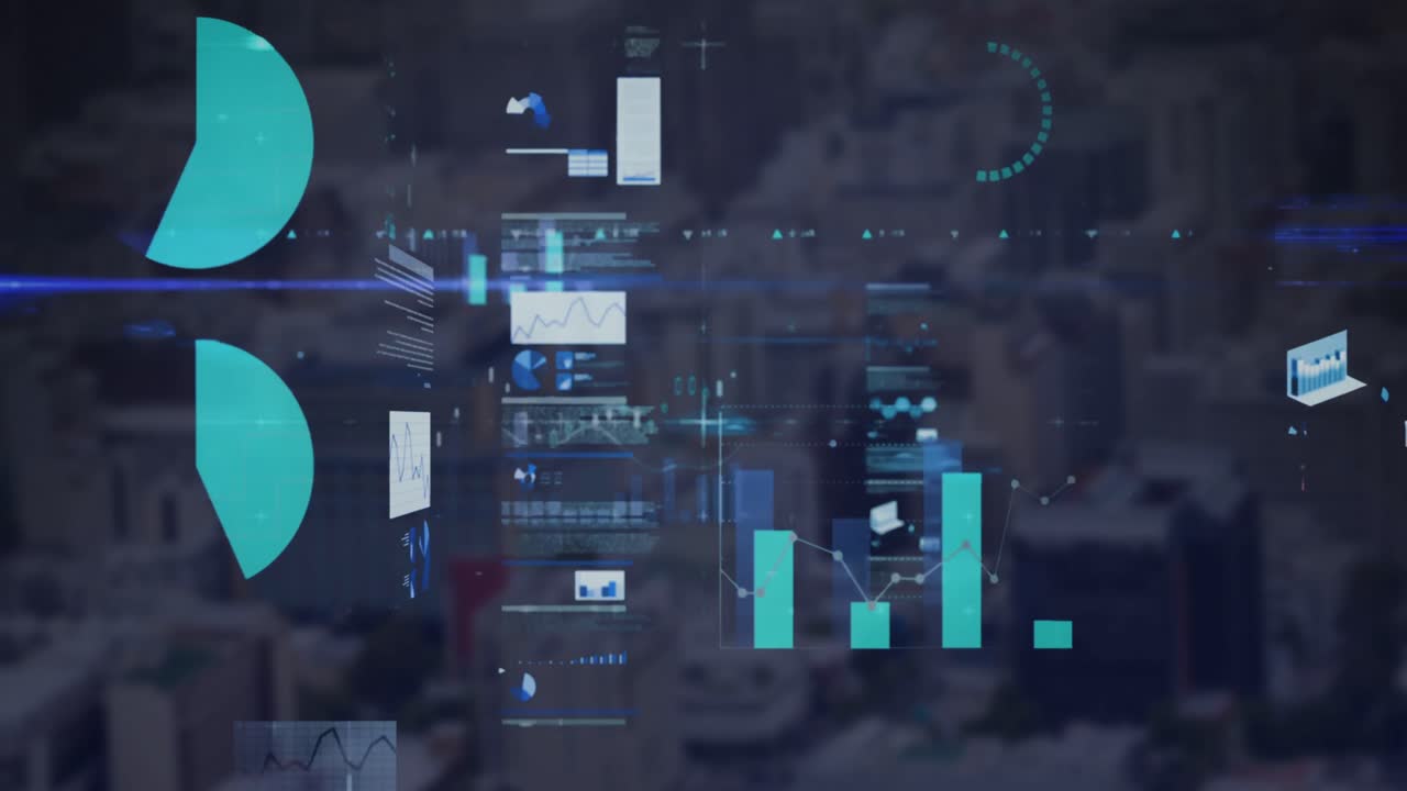 Animation of statistics and data processing over cityscape