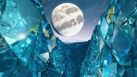 crystal mountains grow on an alien planet beneath a luminous full moon. the enchanting landscape showcases a blend of fantasy and extraterrestrial beauty in a night sky filled with stars