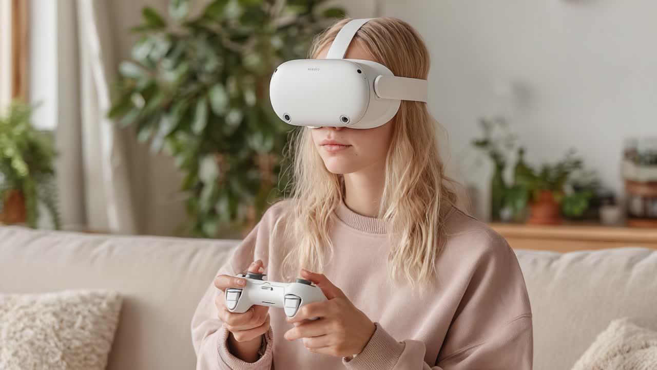 Esperienza di realtà virtuale immersiva: giovane donna assorta nel gioco con cuffie e controller mentre si rilassa a casa tra rigogliose piante da interno