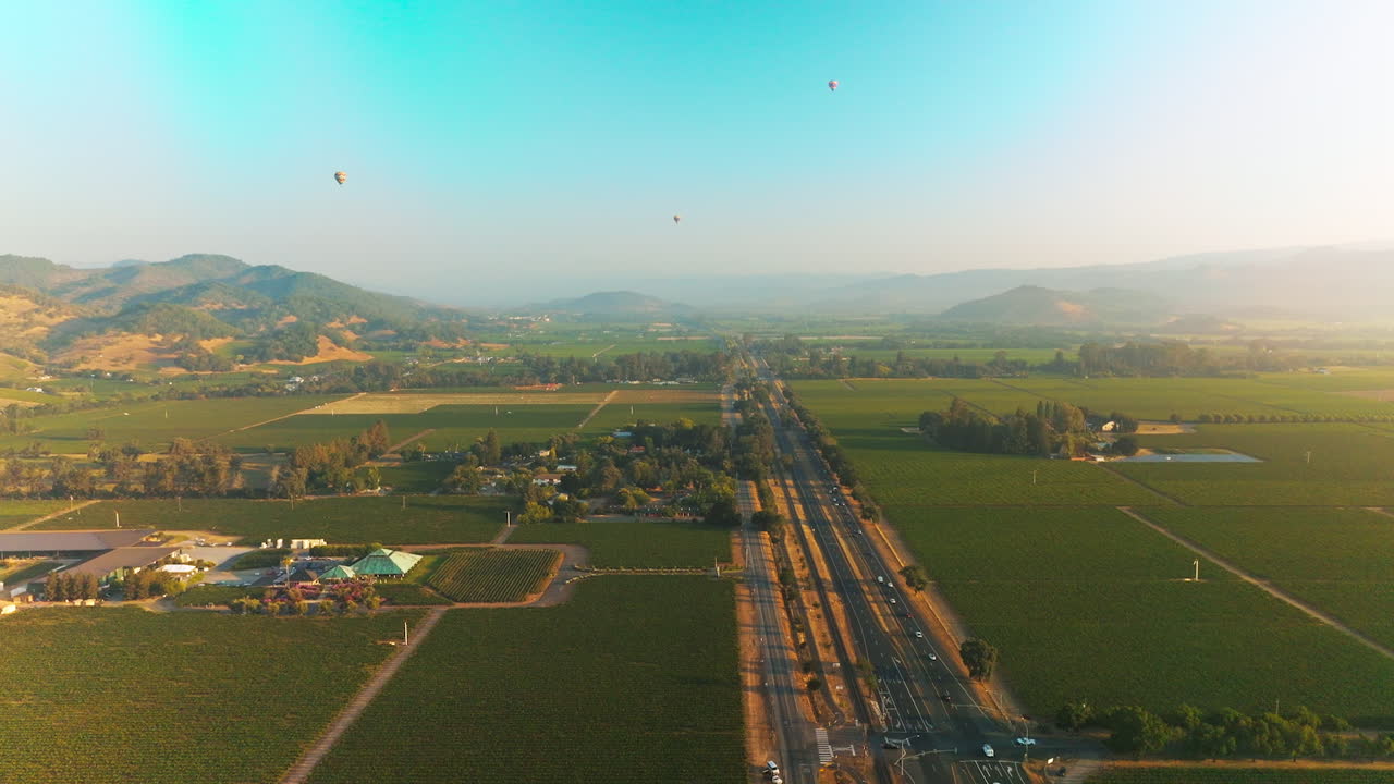 Stunning beautiful green valley with some vineyards. Hot air balloons in blue sky over the land. Hazy mountains at backdrop.
