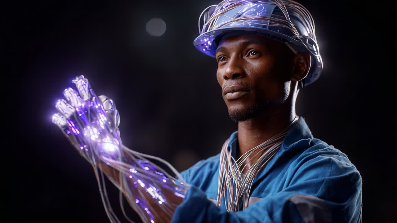 A skilled technician showcases advanced technology with illuminated cybernetic gloves, demonstrating the integration of AI and robotics in modern craftsmanship, blending innovation with tradition in a captivating display