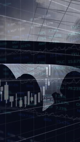 animation of data processing on line graphs over cheering sports fans at stadium with blue sky