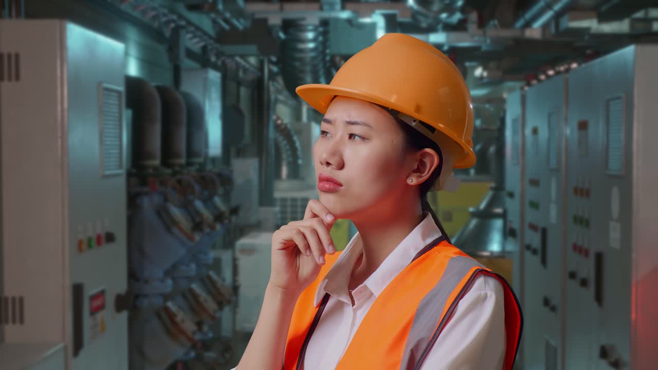 Close Up Side View Of Asian Female Engineer With Safety Helmet Thinking And Looking Around Then Raising Her Index Finger While Standing In Engine Control Room, Work Of Electrical Generators