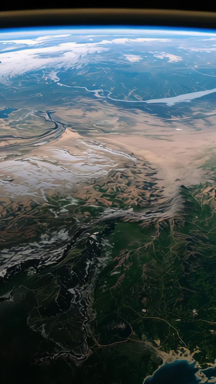 Vertical video: Camera descending from horizon, revealing mountains, rivers and meltwater streams