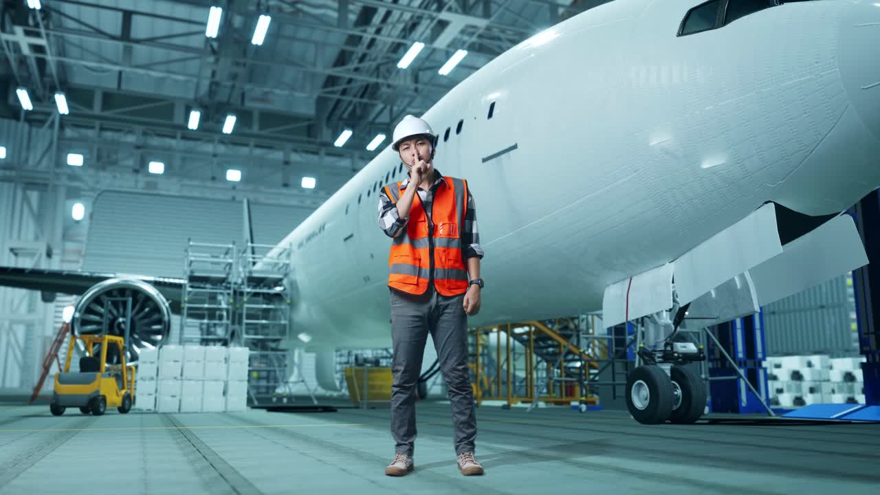 cuerpo lleno de ingeniero masculino asiático con casco de seguridad haciendo el gesto shh mientras está de pie con el avión en el hangar