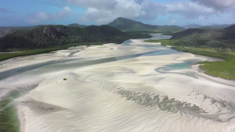 Aerial:-Shallow-inlet-river-sculpts-beautiful-sand-patterns,-QLD-AUS