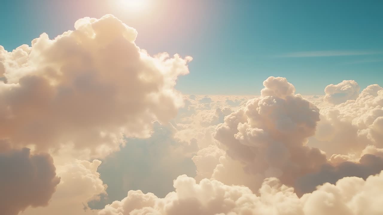 Panning camera revealing central cumulus clouds at altitude, with sun backlighting edges