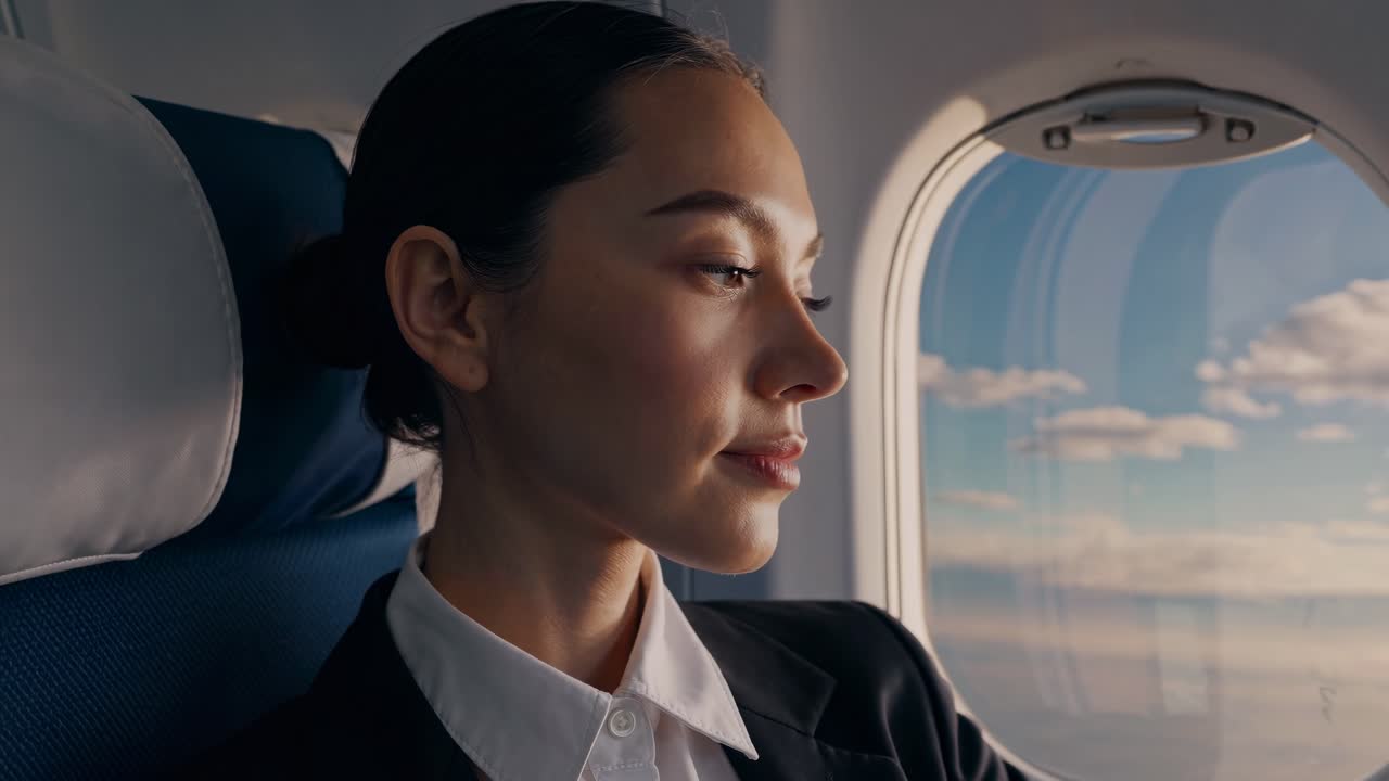 A serene video capturing a woman gazing out an airplane window, highlighting travel