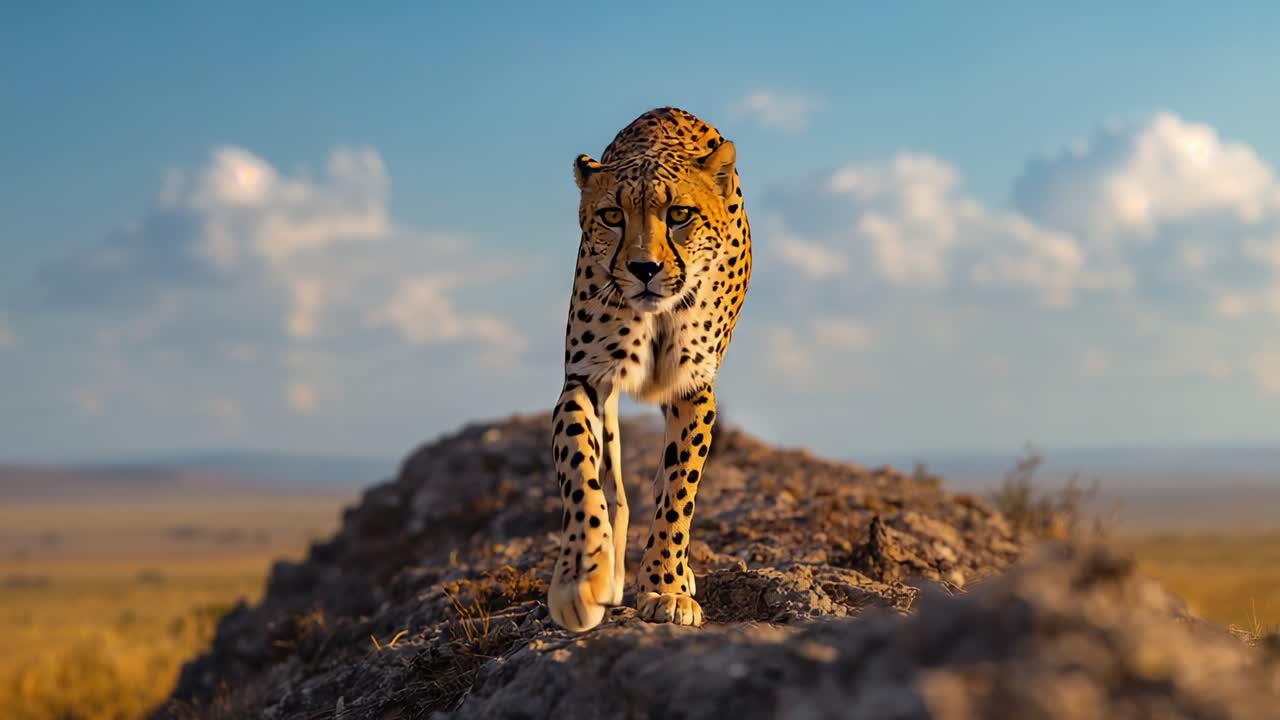 Emerging on rocky ridge, cheetah stepping toward camera on sunlit savannah exploring lens