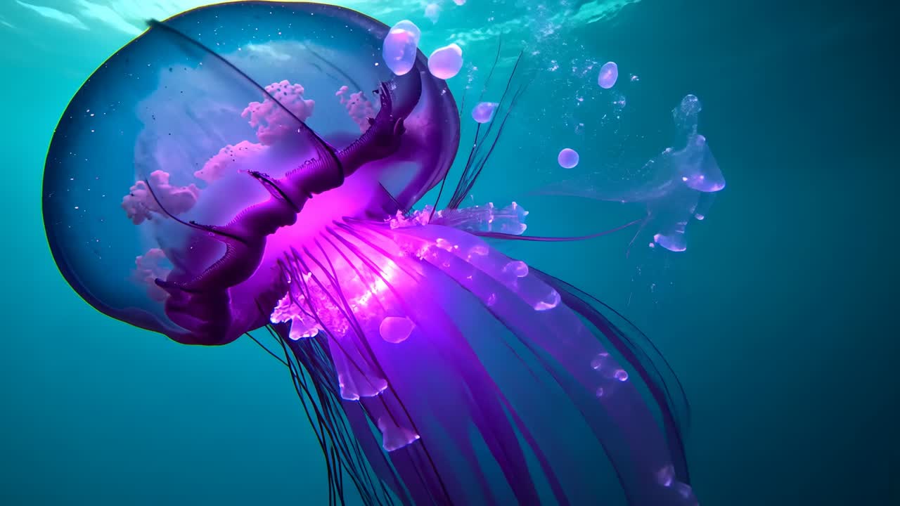 Pulsing translucent jellyfish shedding beads, rising to surface in open sea, magenta core pulsing