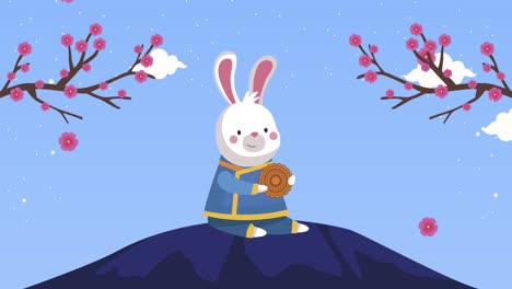 animación de mediados de otoño con un conejo comiendo pastel de luna