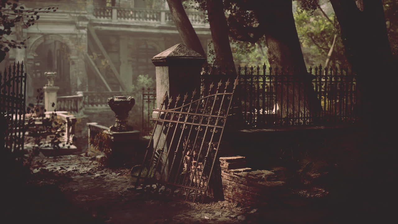 Ruins of an old european mansion with ornate gates and overgrown grounds