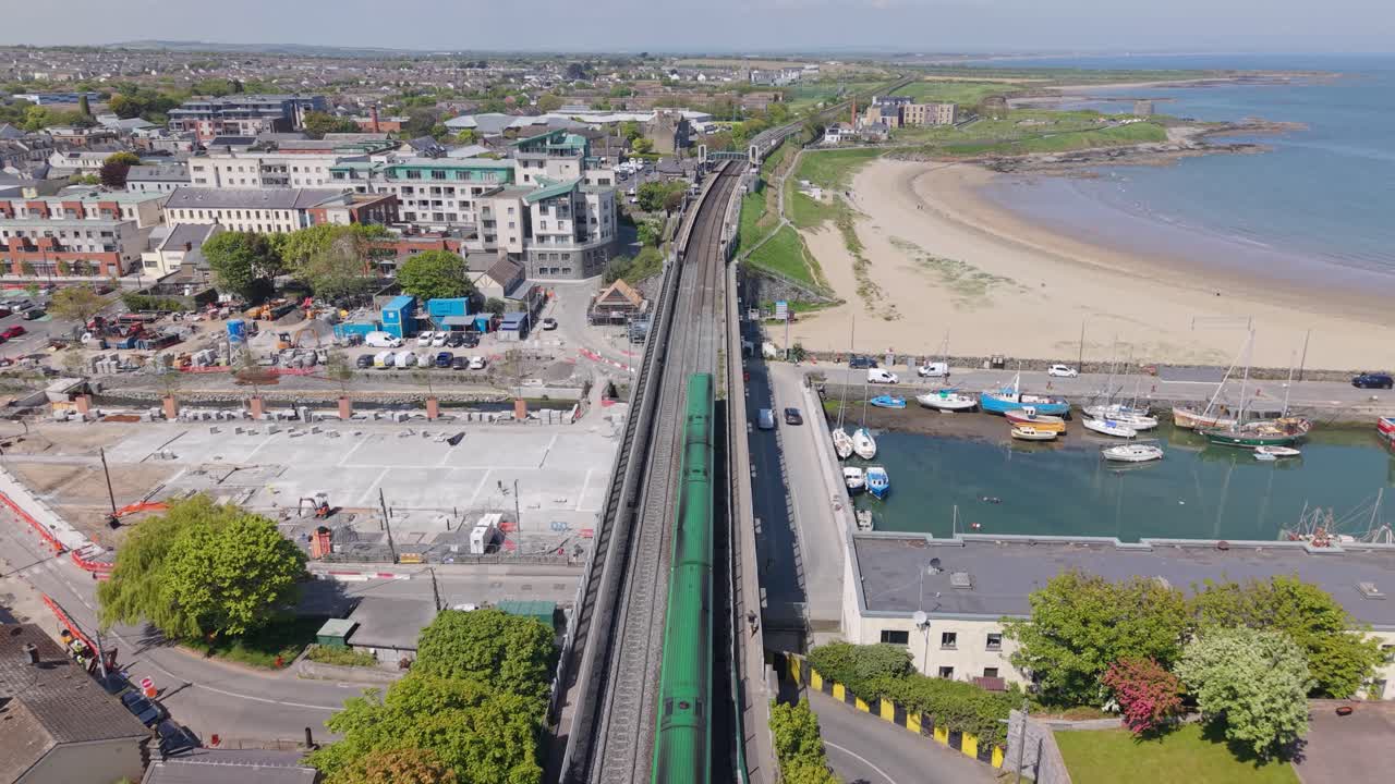 Balbriggan aerial view, beach, train, buildings, coastal town, sunny day