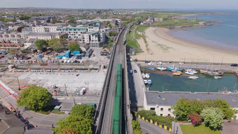 balbriggan aerial view, beach, train, buildings, coastal town, sunny day