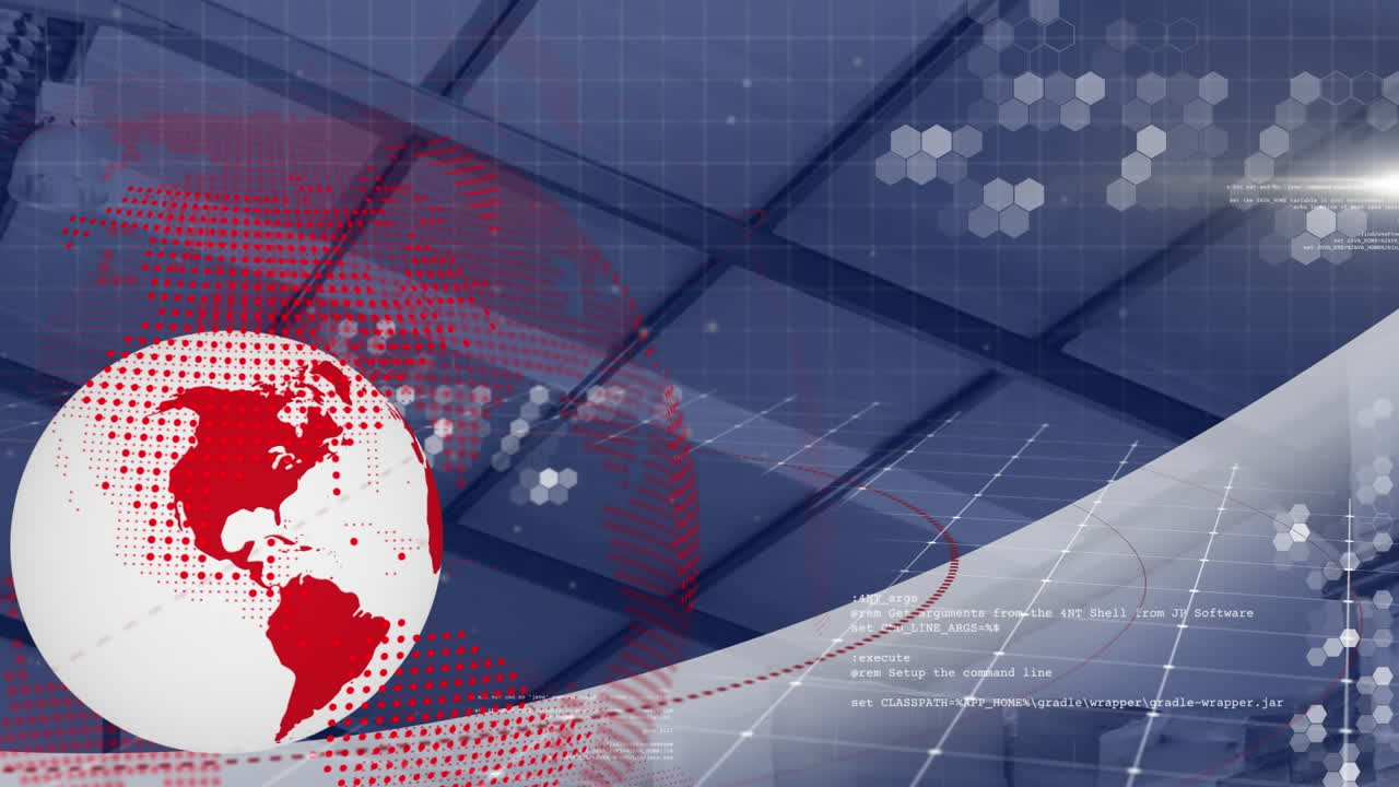 회전하는 지구, 추상적인 그라디언트 모양 및 창고 지붕에 대한 빛의 점의 애니메이션