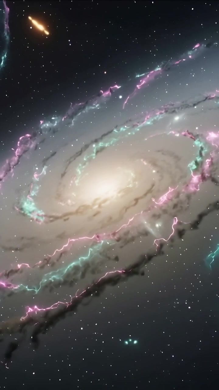 Vertical video: Shifting camera, spiral galaxy rotating in space, showing pink teal rings, arcs