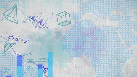 statistical data processing over world map against mathematical equations