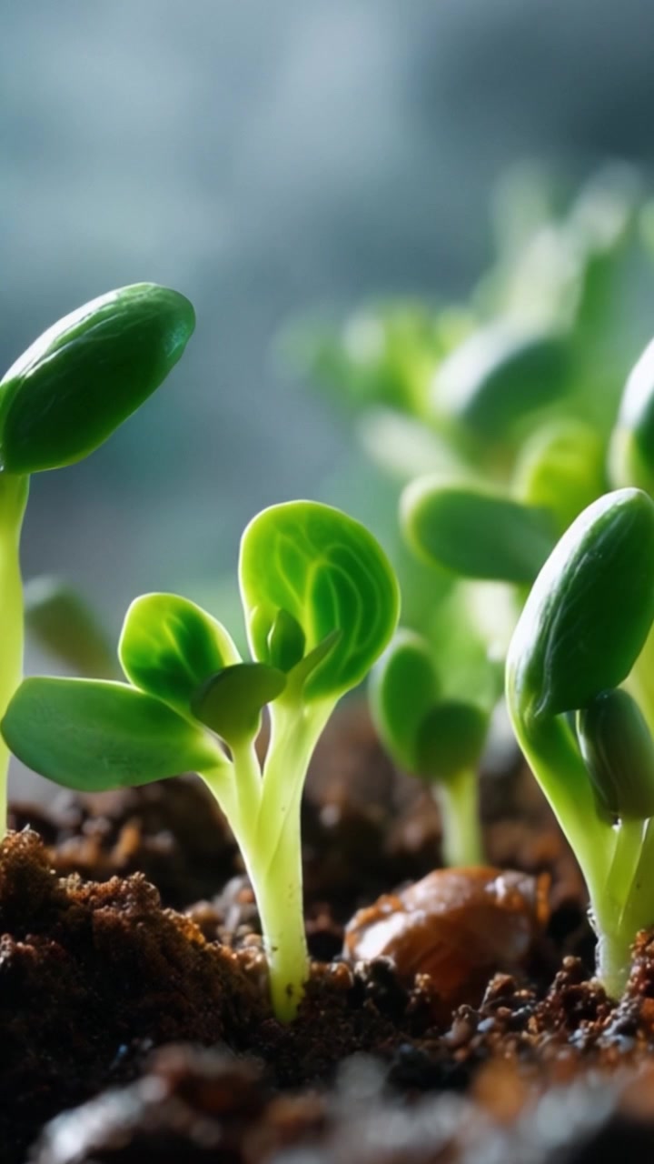 Giovani piantine fresche che crescono in terreno scuro con un bagliore mistico che illumina le loro foglie verdi e steli sani in un primo piano che cattura il rinnovamento della natura