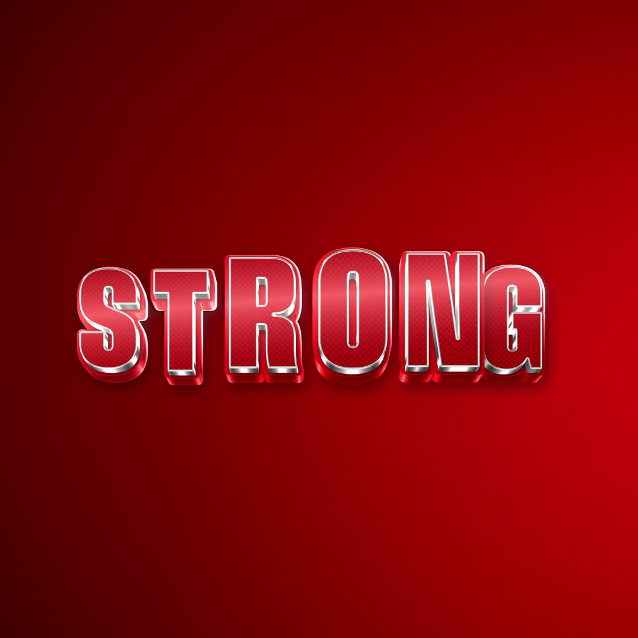 The word "STRONG" in metallic red 3D text