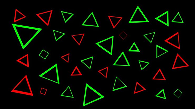Dense arrangement of neon red and green geometric outlines, triangles, and solid wedges on matte black background, creating strong contrast, varied rotation, layered spacing, and bold abstract