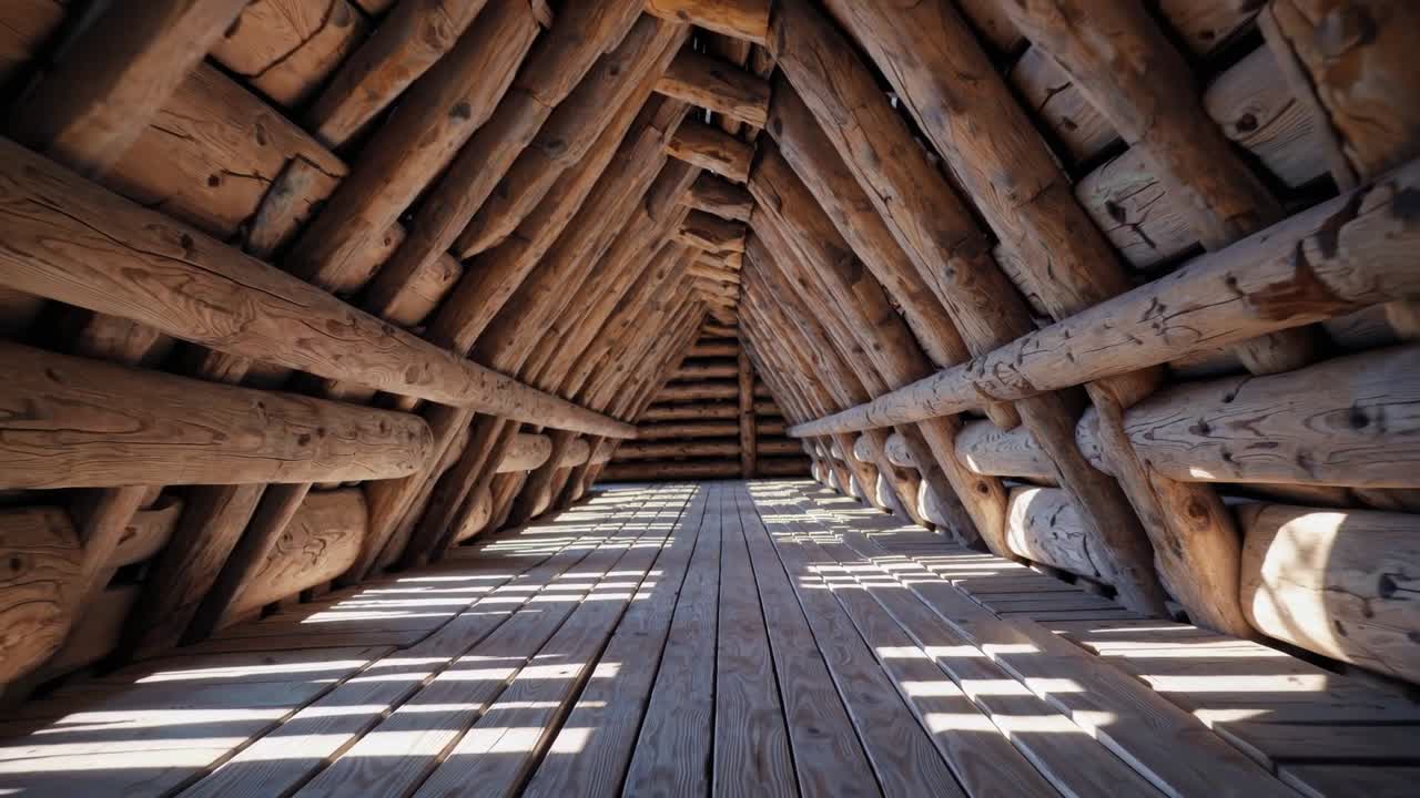 Interior view of a rustic wooden structure showcasing the intricate beams and planks, capturing the essence of traditional craftsmanship and architectural beauty in a continuous motion sequence
