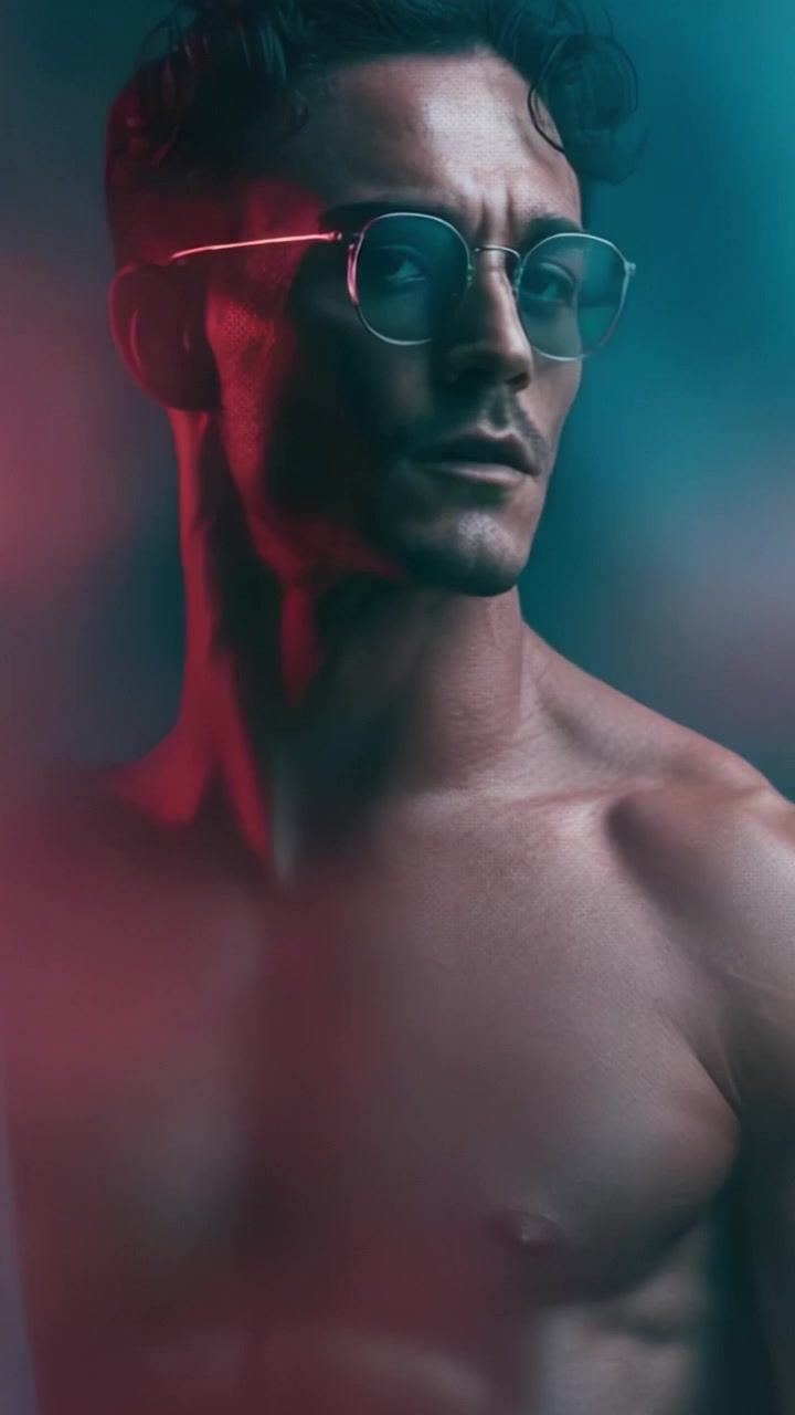 Ritratto accattivante di un modello maschile con occhiali alla moda e un fisico scolpito, che enfatizza la moda moderna e le tecniche di illuminazione artistiche.