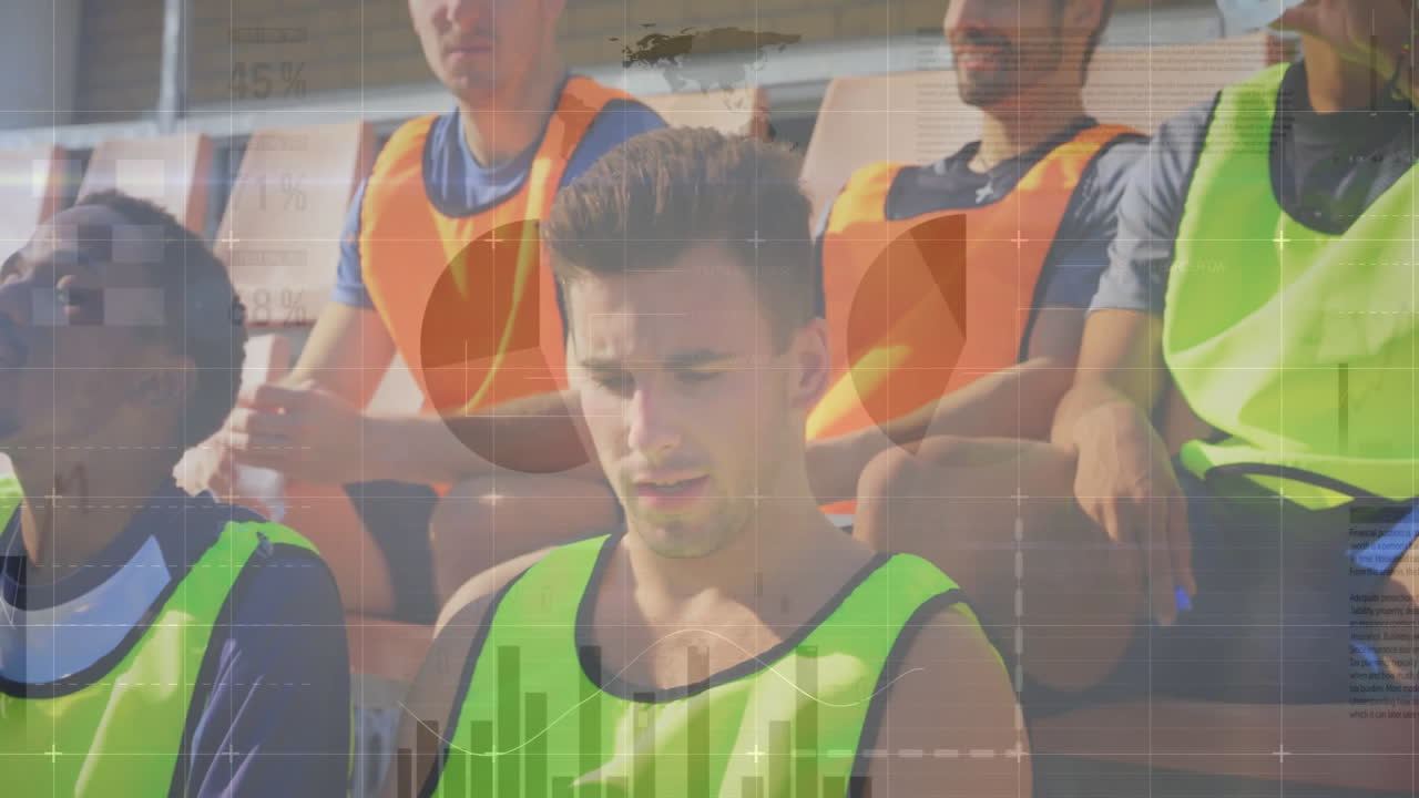 벤치에서 휴식을 취하는 축구 선수들에 대한 금융 데이터 처리 애니메이션