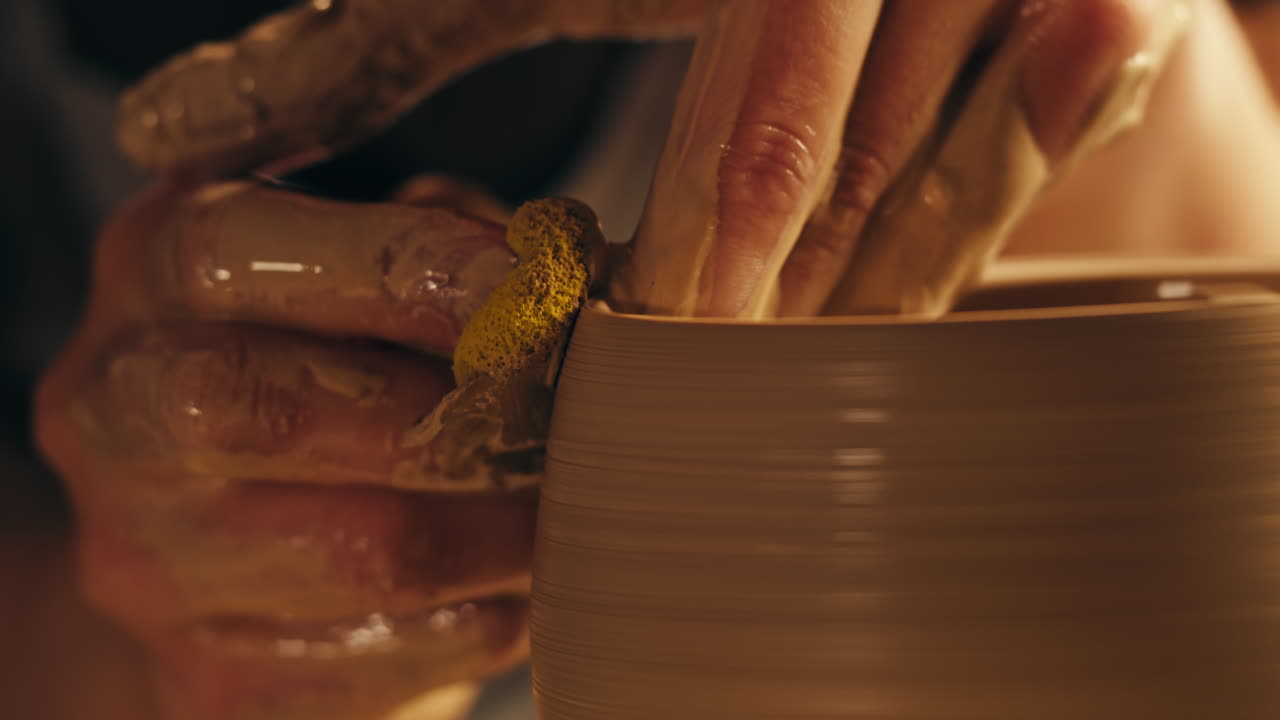 primer plano de un alfarero moldeando arcilla en una rueda de cerámica