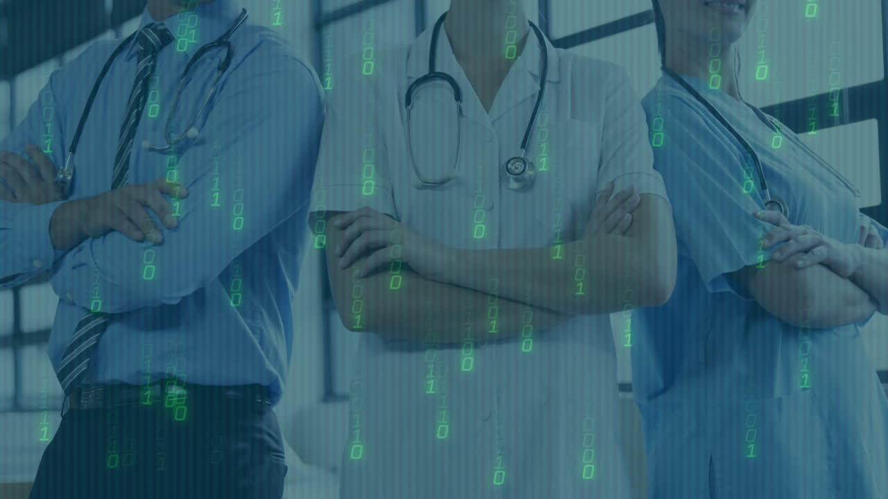 Medical team being visualized in animated digital data graphic with stethoscopes and binary overlay